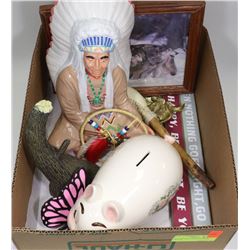 BOX W/ LARGE CHIEF FIGURINE, NATIVE