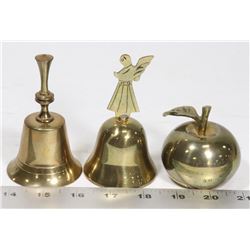 LOT OF 3 BRASS BELLS INCLUDING A APPLE BELL