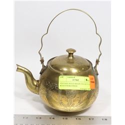 VINTAGE SOLID BRASS TEA KETTLE WITH ENGRAVINGS