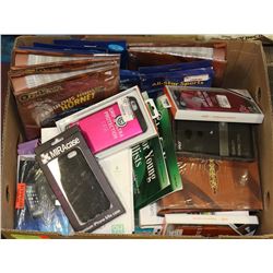 LARGE BOX OF NEW PRODUCTS INCLUDING CD CASES, KIDS