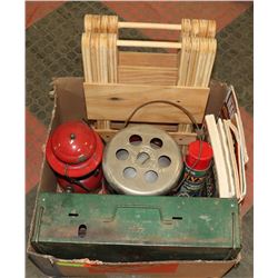 LARGE BOX OF CAMPING GEAR INCL. COLEMAN
