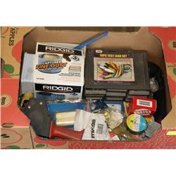 BOX OF MISC HOUSEHOLD AND GARAGE HARDWARE, 9 DRAW