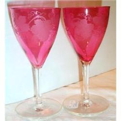 Two Cranberry Grape Etched Wine Goblets #863313