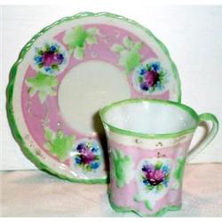 Hand Painted Nippon Pink and Green Cup Saucer #863396