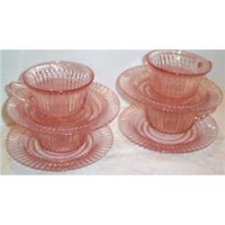 Four Pink Queen Mary Depression Cups Saucers #863415