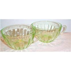 Two Green Pillar Optic Depression Glass Cups #863514