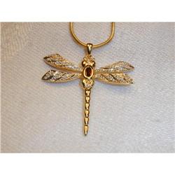 14K Gold Garnet Diamond Deco Dragonfly Pendant #878791