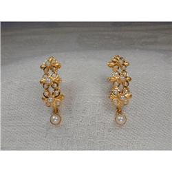 Estate 24K 22K YG Seed Pearl Floral Earrings #878811