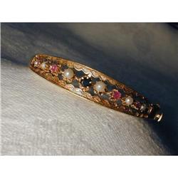 Old 14K YG Pearl Ruby Sapphire Filigree Bangle #878843