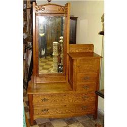 old 1915 Tiger Oak Vanity Cheval Mirror Dresser #886996