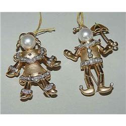 14k Gold Clown Girl Jester Brooch Pearl Diamond #887011