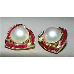 14kt Gold Pearl Pigeon Blood Ruby Earrings 14k #887012