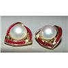 Image 1 : 14kt Gold Pearl Pigeon Blood Ruby Earrings 14k #887012