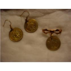 Necklace & earrings, brass pickers' checks made #916522