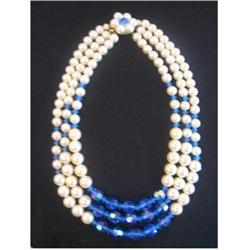 Unique 3 strand Vintage Pearl and Blue Lucite #917006