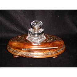 Rare English Inkwell C.1835 Burl Brass Crystal #857838