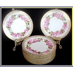 10 ANTIQUE LIMOGES HP ROSES DESERT PLATES #858150