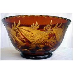 19C YELLOW & BROWN OVERLAY CUT GLASS BOWL #858153