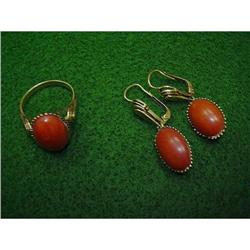 GOLD SET - RING & EARRINGS  W/ORANGE CORAL  #863989