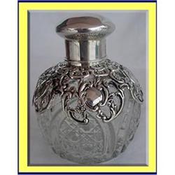 SILVER OVERLAY CUT GLASS PERFUME BOTTLE 19C #864521