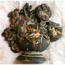Iron Doorstop PANSIES in a Bowl ANTIQUE #900614
