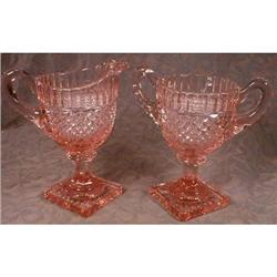 PINK Pattern Glass Footed Cream & Sugar ANTIQUE #900867