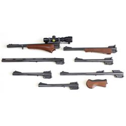 Collection of 8 Thompson Center barrels includes 2) 14" .357 and .41 mag with Simmons scope, 2) 16" 