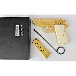 Factory engraved and gold washed Walther PPK/S 9mm SN 1764695 semi auto pistol with 3 1/4" barrel an