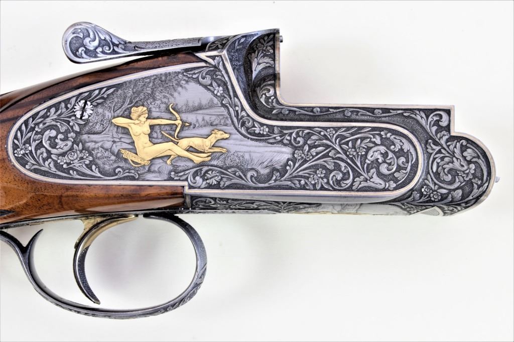 Master engraved Perazzi side plate 12ga. SN49856 O/U shotgun. At a cost