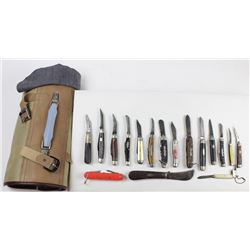 Collection of 17 pocket knives, storage case and Pocket knife collectors book.and Pocket knife colle