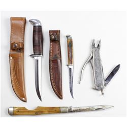 Collection of 4 knives includes 2) hunting knives, multi tool and folding blade.knives, multi tool a