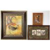 Image 1 : Collection of 3 framed items includes 2 cowboy prints and print on board abstract of a rooster, larg