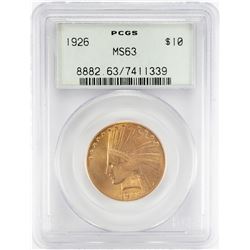 1926 $10 Indian Head Eagle Gold Coin PCGS MS63