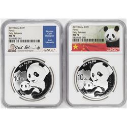 Lot of (2) 2019 China 10 Yuan Silver Panda Coins NGC MS70 Early Releases