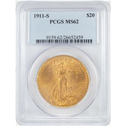 1911-S $20 Liberty Head Double Eagle Gold Coin PCGS MS62