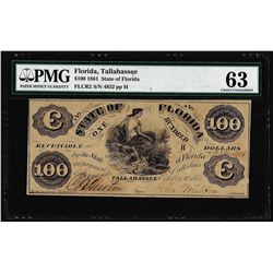 1861 $100 State of Florida Tallahassee Cr.2 Obsolete Note PMG Choice Uncirculated 63