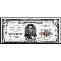 1929 $5 United States NB of Portland, OR CH# 4514 National Currency Note