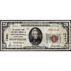 1929 $20 NB of Connellsville, PA CH# 13491 National Currency Note Low Serial Number
