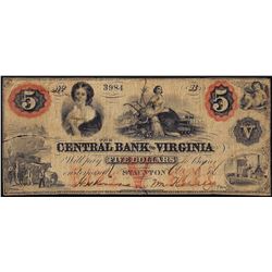 1860's $5 The Central Bank of Virginia Staunton, VA Obsolete Banknote