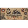 Image 1 : 1860's $5 The Central Bank of Virginia Staunton, VA Obsolete Banknote