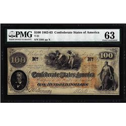 1862 $100 Confederate States of America Note T-41 PMG Choice Uncirculated 63