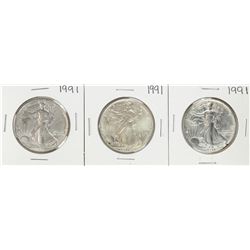Group of (3) 1991 $1 American Silver Eagle Coins