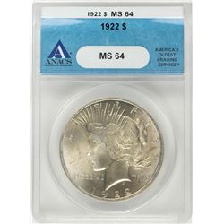 1922 $1 Peace Silver Dollar Coin ANACS MS64
