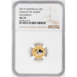 2011P $5 Australia Year of the Rabbit Colorized Gold Coin NGC MS70