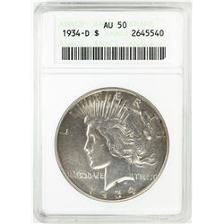 1934-D $1 Peace Silver Dollar Coin ANACS AU50