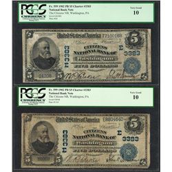 Lot of (2) 1902PB $5 Washington, PA CH# 3383 National Currency Notes PCGS Very Good 10