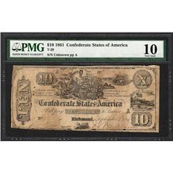 1861 $10 Confederate States of America Note T-29 PMG Very Good 10