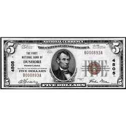 1929 $5 First National Bank of Dushore, PA CH# 4505 National Currency Note