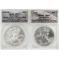 Lot of 2014-(S)-2015 $1 American Silver Eagle Coins ANACS MS70 First Strike