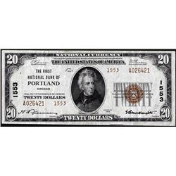 1929 $20 First National Bank of Portland, OR CH# 1553 National Currency Note